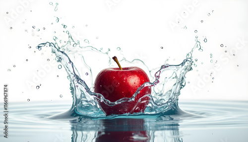 Fresh apple splashing into clear water creating ripples and splashes in a bright environment