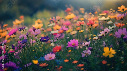 A field of flowers with a variety of colors including purple, yellow, and orange