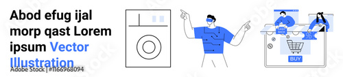 Man with VR headset pointing, washing machine icon, people shopping online with laptops. Ideal for online shopping, VR technology, home appliances, digital marketing, web design, e-commerce virtual