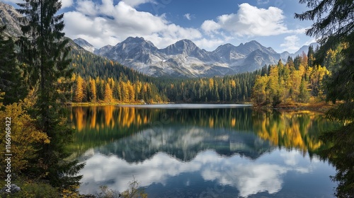 A lake surrounded by trees with a mountain in the background