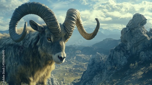 A close-up of a male Iberian ibex, focusing on its large, curved horns and textured fur, with the mountains of the Sierra de Gredos in the background. photo