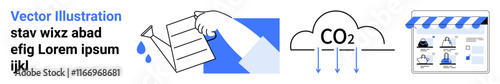 Hand adjusting temperature control lever, CO2 emissions represented by clouds with arrows pointing downwards, online store interface with product images. Ideal for environment, ecommerce, technology