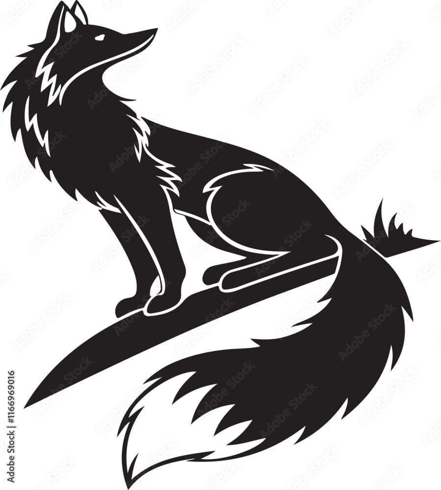 Obraz premium Silhouette of a Fox Sitting Gracefully on a Branch in Vector Illustration