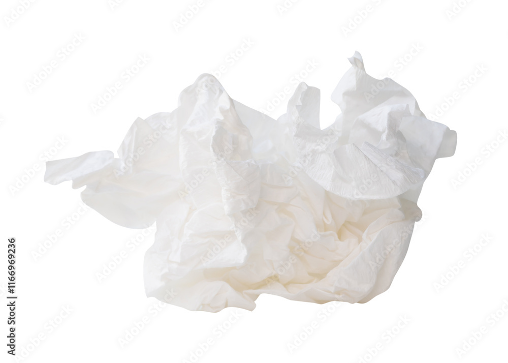 Side view of white crumpled tissue paper ball after use isolated on white background with clipping path Side view of white crumpled tissue paper ball after use isolated on white background with clipping path