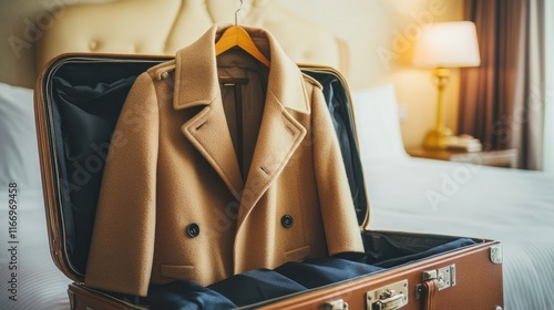 Stylish Brown Coat Hanging in a Suitcase on a Hotel Bed