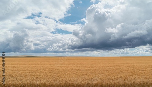 A vast golden field under a dramatic sky filled with clouds.