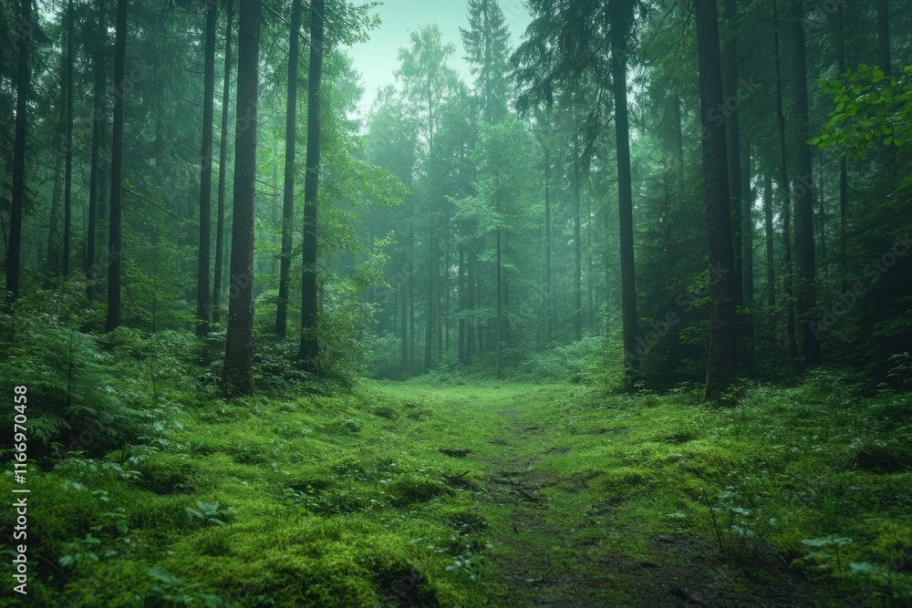 Lush green forest pathway surrounded by tall trees in early morning mist Lush green forest pathway surrounded by tall trees in early morning mist
