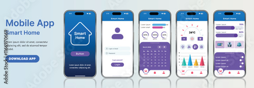 A sleek smart home application interface template featuring modern icons and a gradient design. Includes navigation menus for managing devices, monitoring security, controlling temperature