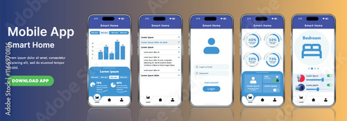 A sleek smart home application interface template featuring modern icons and a gradient design. Includes navigation menus for managing devices, monitoring security, controlling temperature