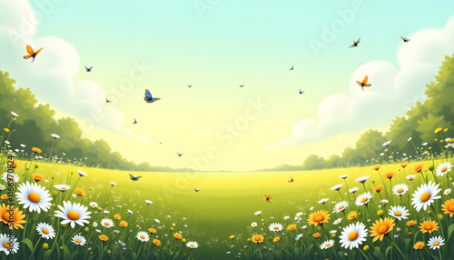 Blooming Meadows: A spacious meadow covered with wildflowers, with butterflies and bees flitting among the flowers. photo