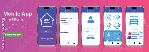 A sleek smart home application interface template featuring modern icons and a gradient design. Includes navigation menus for managing devices, monitoring security, controlling temperature