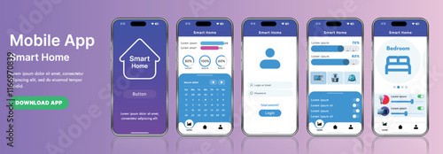 A sleek smart home application interface template featuring modern icons and a gradient design. Includes navigation menus for managing devices, monitoring security, controlling temperature
