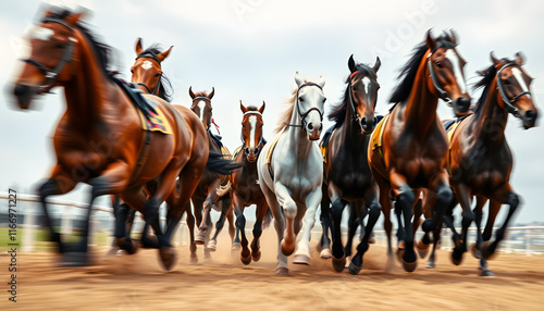 Horse racing action, close up on galloping race horses, panning motion blur effect, one line art. isolated with white highlights photo