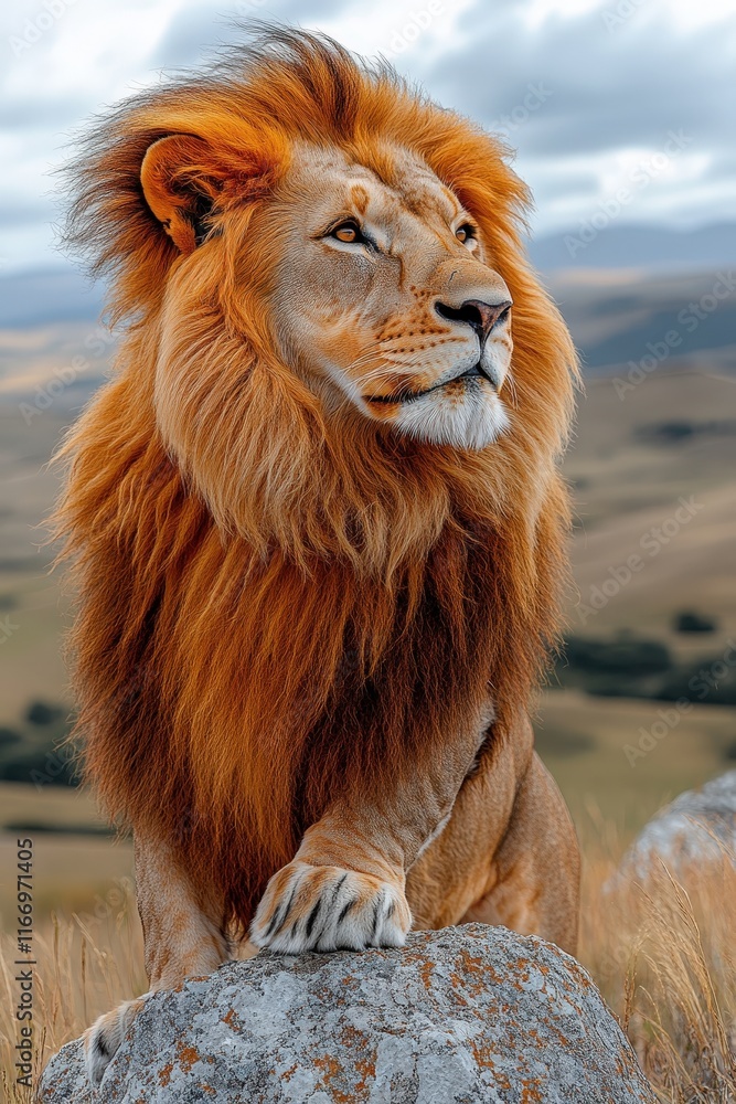 Obraz premium Majestic Lion Standing on a Scenic Hill at Sunset