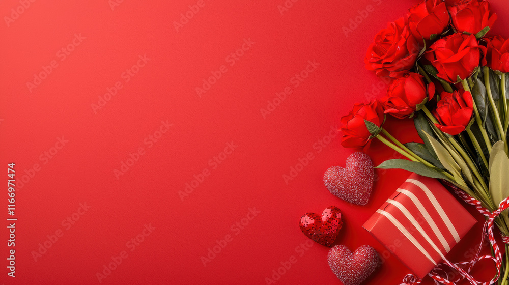 Obraz premium vibrant arrangement of red roses, hearts, and gift box creates romantic atmosphere perfect for Valentine Day celebrations