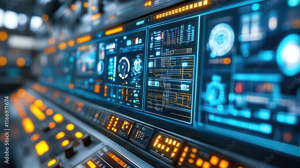 Futuristic control panel with glowing digital displays and interfaces. Futuristic control panel with glowing digital displays and interfaces.
