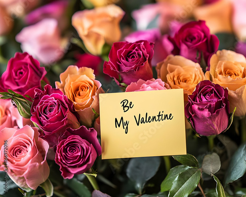 bouquet of pink roses with card in concept of valentine day on 14 February 2025 with pink and red heart gift love rose romance romantic things with background photo