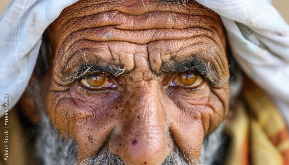 Close-up portrait of an elderly man with deep wrinkles and expressive eyes.