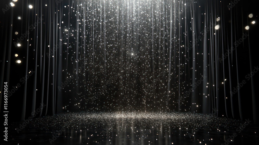 black stgae showcase with white light and silver glittering lights on black curtain background in dark room black stgae showcase with white light and silver glittering lights on black curtain background in dark room