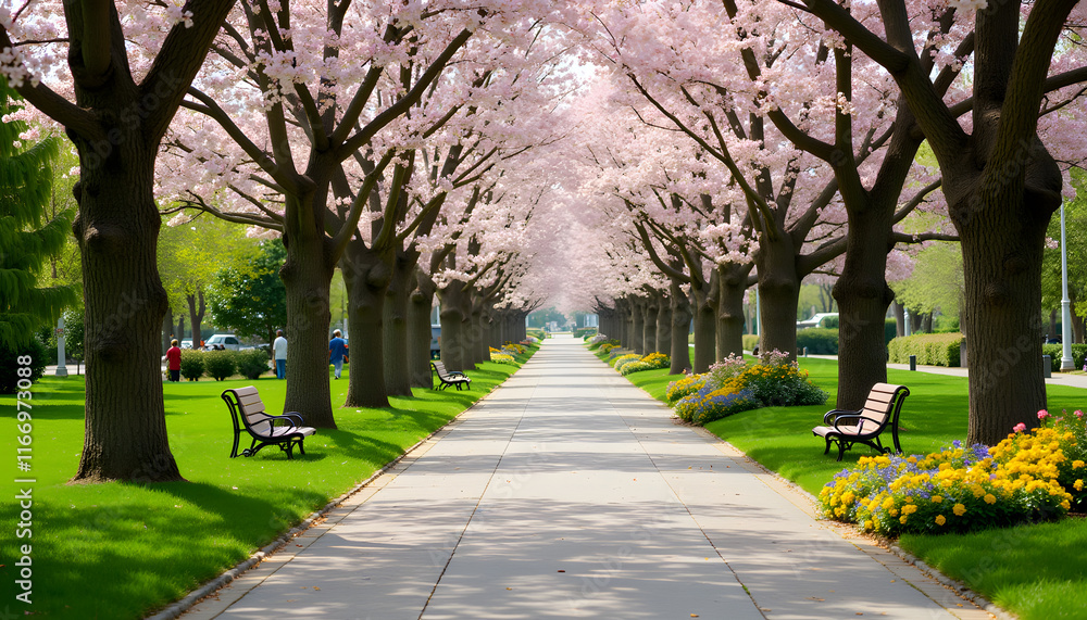 Park Alley: Landscape of a spring city park with flowering trees, neatly trimmed lawns and benches surrounded by bright flowers and greenery.
Park Alley: Landscape of a spring city park with flowering trees, neatly trimmed lawns and benches surrounded by bright flowers and greenery.