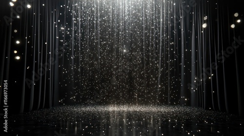 black stgae showcase with white light and silver glittering lights on black curtain background in dark room