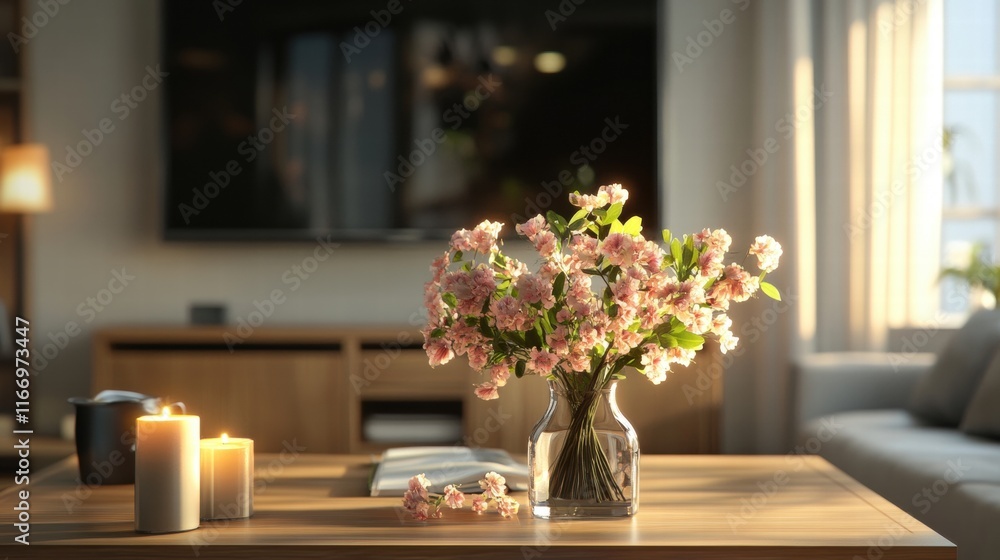 Obraz premium Creating a Cozy Home Atmosphere with Modern Lighting and Candles Living Room Interior Design Warm Environment Inviting View Cozy Concept