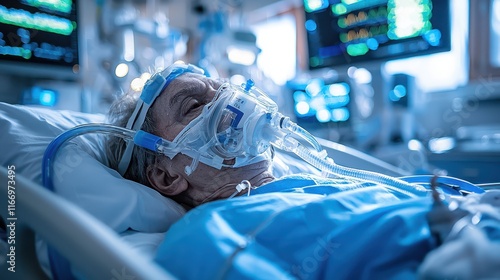 Intubated patient receiving critical care in hospital intensive care unit during medical emergency