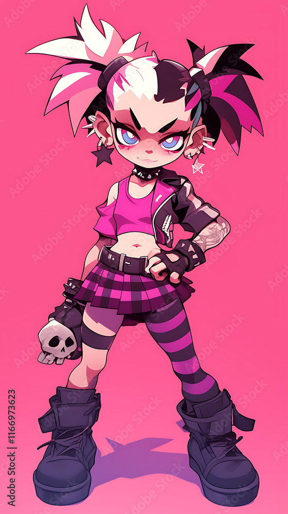 A stylized character with punk fashion, featuring vibrant colors and edgy accessories. A stylized character with punk fashion, featuring vibrant colors and edgy accessories.
