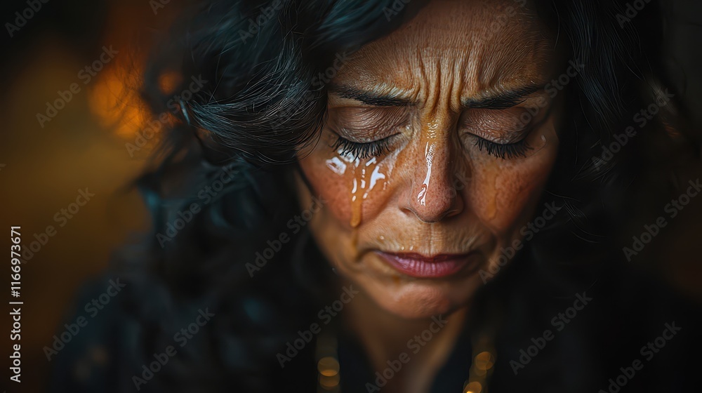 Emotional close-up of a tearful woman illuminated by focused lighting in an intimate setting Emotional close-up of a tearful woman illuminated by focused lighting in an intimate setting