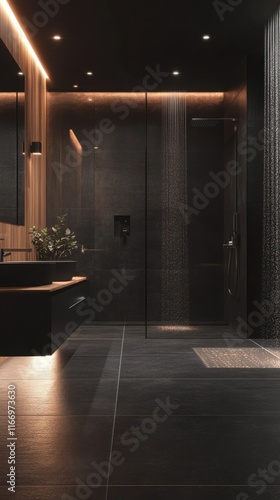 Modern bathroom featuring sleek design and ambient lighting.