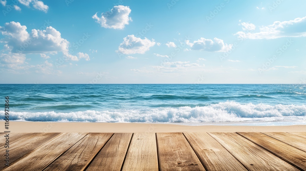 Empty wood table top with beach and blue sky background. Empty wood table top with beach and blue sky background.