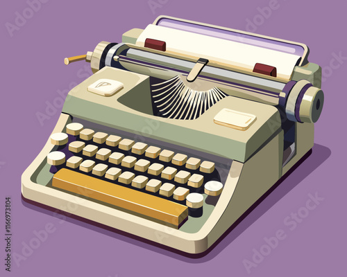 A sleek vintage typewriter with ivory keys, placed against a pale lavender background