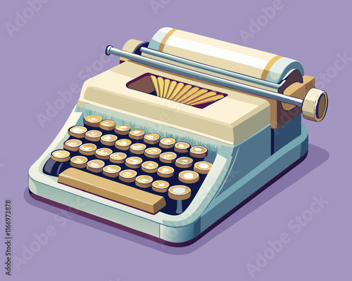 A sleek vintage typewriter with ivory keys, placed against a pale lavender background