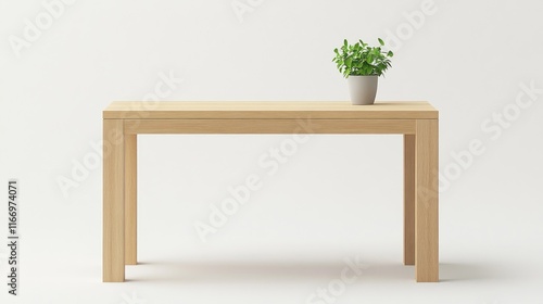 Minimalist Wooden Table with Potted Plant on a Light Background