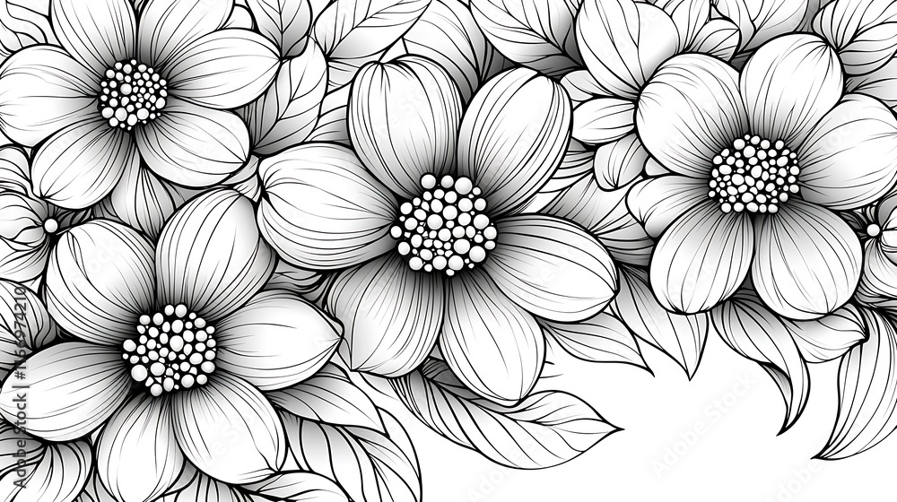 Intricate Line Drawing of Blooming Flowers and Leaves Intricate Line Drawing of Blooming Flowers and Leaves