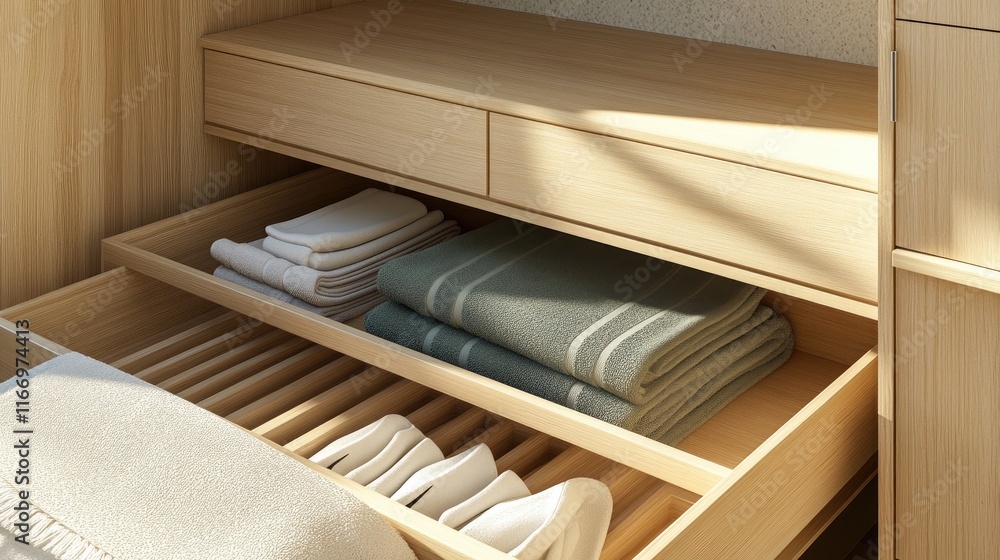 Neatly Organized Wooden Drawer with Soft Towels and Linens Neatly Organized Wooden Drawer with Soft Towels and Linens