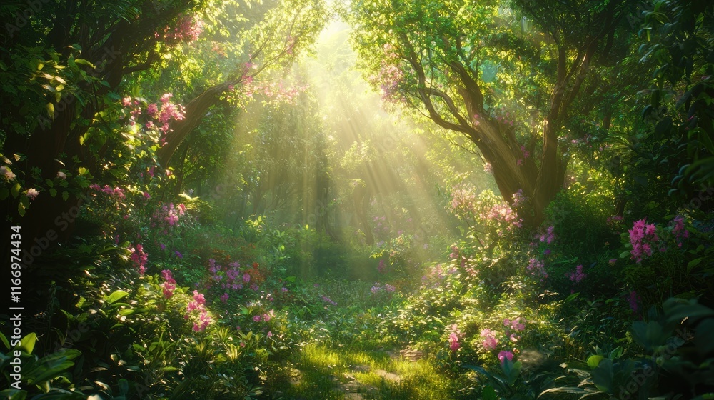 Fototapeta premium enchanted animestyle forest brimming with lush green plants whimsical trees and vibrant flowers bathed in ethereal light inviting viewers into a magical realm of fantasy and wonder