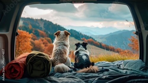 Two dogs in car enjoying autumn mountain view.