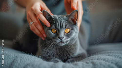 Gentle Affection Woman Petting Gray Cat, A woman's hands gently caress a fluffy gray cat with striking yellow eyes. The cat lies peacefully on a soft gray blanket, gazing directly at the camera. photo