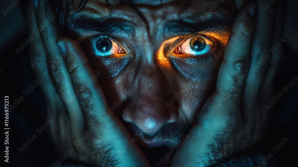 Man covering his face with hands, expressing deep emotion in a dimly lit room at night Man covering his face with hands, expressing deep emotion in a dimly lit room at night