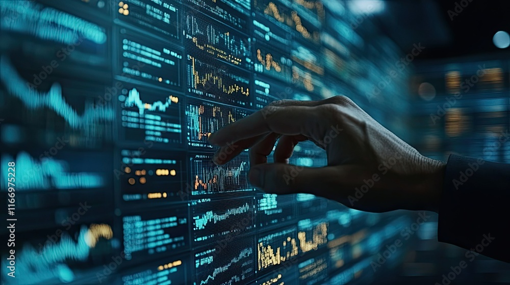 Hand interacting with digital stock chart display. Hand interacting with digital stock chart display.