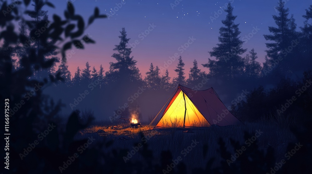 Evening campsite with tent lit Evening campsite with tent lit