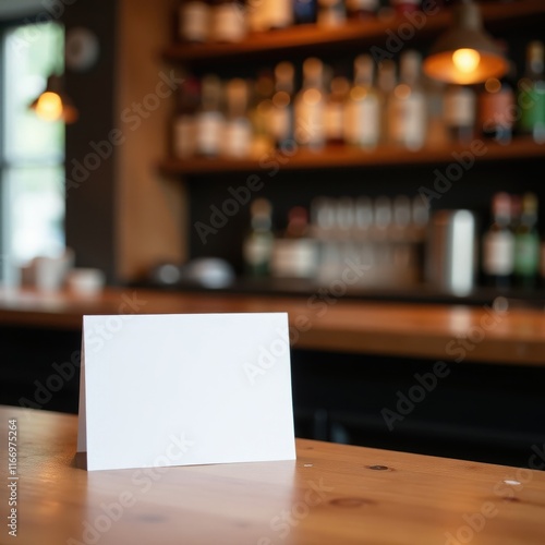 Clean white card sits atop aged wooden surface against a defocused bar setting, menu, design, empty photo