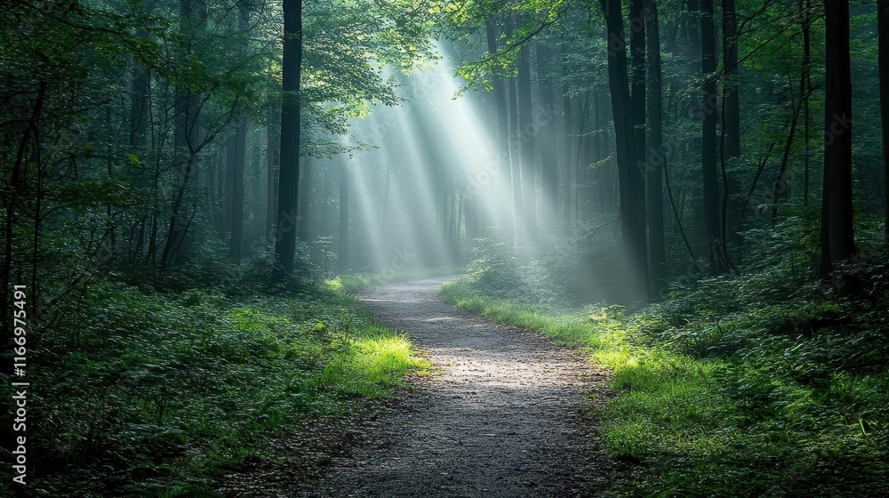 Obraz premium Misty forest pathway illuminated by dawn light in a tranquil woodland setting