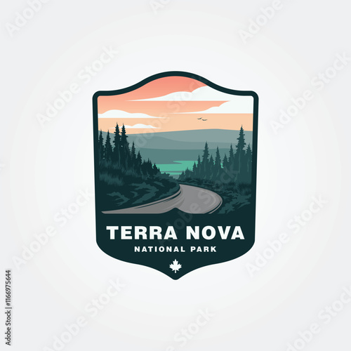 road in terra nova national park logo vector illustration design, canada nature outdoor travel logo .