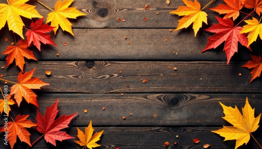 Obraz premium Golden maple leaves create rustic wood panel frame , wood panel, border, wood