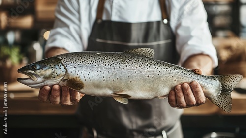 Experienced chef holding large speckled trout fish market. Gourmet seafood concept, gastronomy