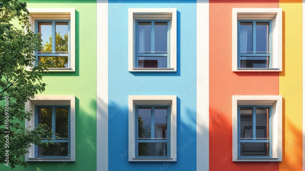 Facade of the building with colorful rainbow windows. Front view of the house with pretty colored windows. Creative architectural wallpaper. photo imitation. Facade of the building with colorful rainbow windows. Front view of the house with pretty colored windows. Creative architectural wallpaper. photo imitation.