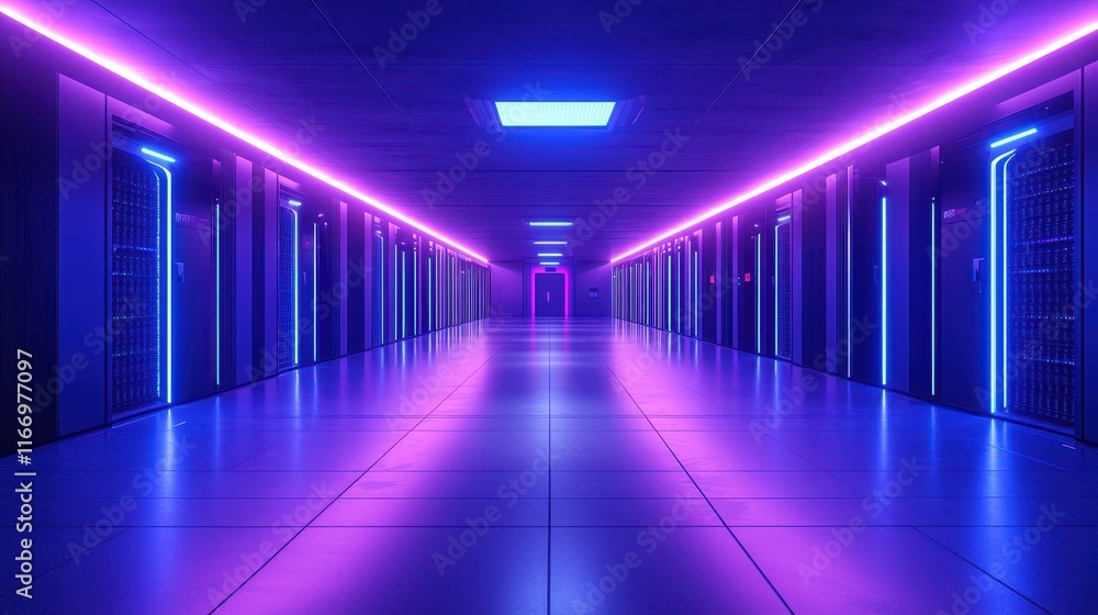 Rows of sleek black server racks illuminated by vibrant neon lights in a futuristic data center Rows of sleek black server racks illuminated by vibrant neon lights in a futuristic data center