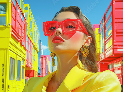 A bold fashion statement featuring a woman in vibrant yellow attire posing confidently in front of colorful cargo containers. A striking blend of fashion and urban design.